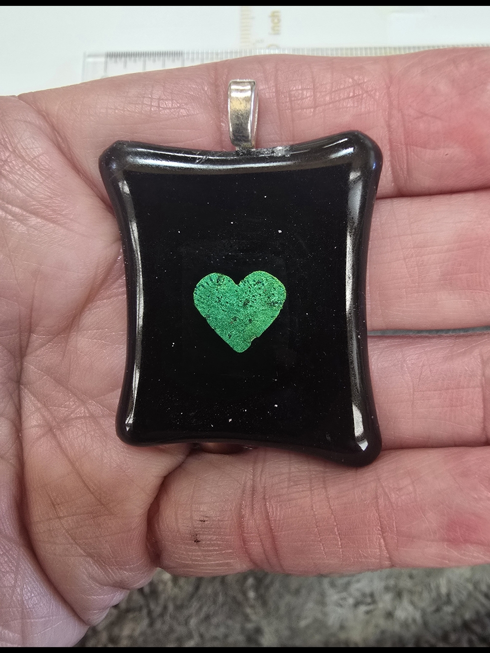 Handmade Black Glass Pendant with Green Heart